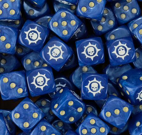 A pile of blue Badab War dice, white star skulls and gold pips repeating