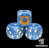 Close up of a blue 16mm resin D6 die engraved with a gold omega and white pips