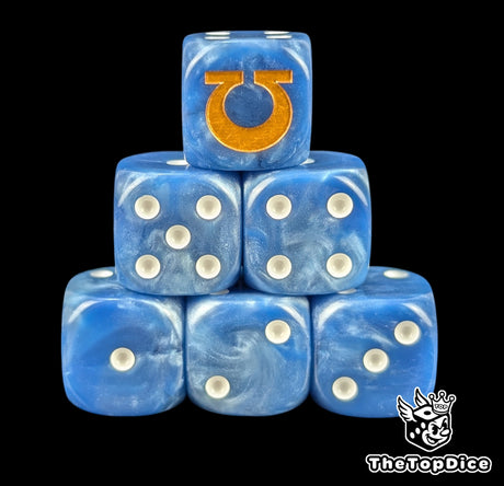 Blue 16mm D6 dice with a gold omega emblem and white pips for sci-fi wargaming