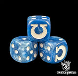Close up of a blue and white 16mm resin D6 die engraved with a white omega and white pips