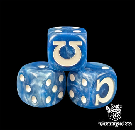 Close up of a blue and white 16mm resin D6 die engraved with a white omega and white pips