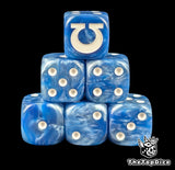 Blue and white 16mm D6 dice with a white omega emblem and white pips for sci-fi wargaming