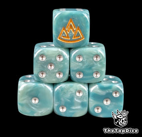Blue 16mm D6 dice with a gold triple mountain emblem and silver pips for fantasy wargaming