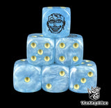 Blue 16mm D6 counter dice with a black phoenix emblem and yellow pips for anime pirate TCG