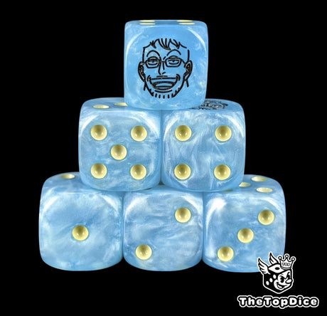 Blue 16mm D6 counter dice with a black phoenix emblem and yellow pips for anime pirate TCG