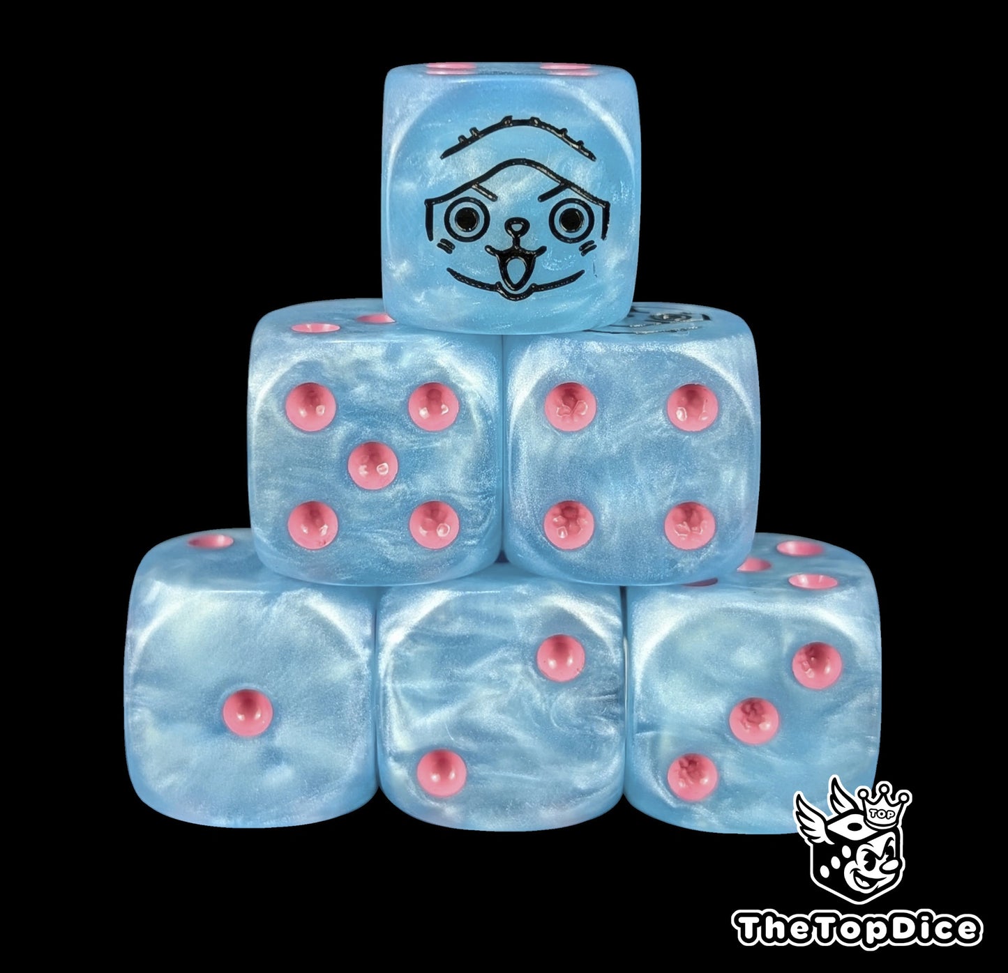 Blue 16mm D6 counter dice with a reindeer doctor emblem and pink pips for anime pirate TCG