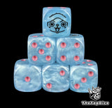 Blue 16mm D6 counter dice with a reindeer doctor emblem and pink pips for anime pirate TCG