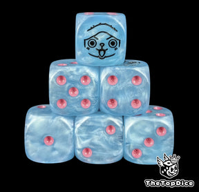 Blue 16mm D6 counter dice with a reindeer doctor emblem and pink pips for anime pirate TCG