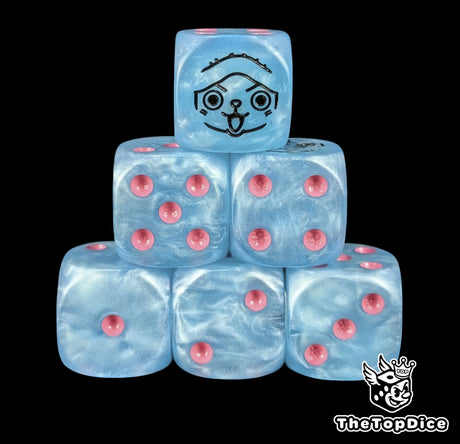 Blue 16mm D6 counter dice with a reindeer doctor emblem and pink pips for anime pirate TCG