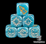 Close up of the three blue saurian fantasy football block dice in 16mm resin
