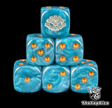 Close up of the two blue saurian 16mm D6 with a silver aztec rune on the six face