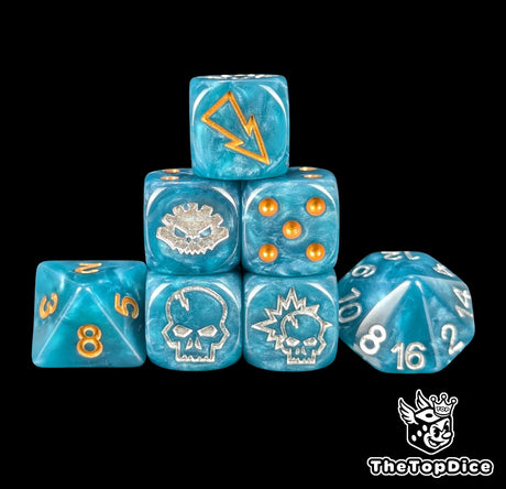 Blue saurian 7 dice fantasy football set compatible with Blood Bowl in 16mm resin