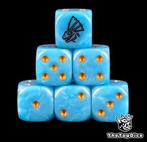 Six sky blue Seraphon D6 stacked, gold pips and a black saurian mask