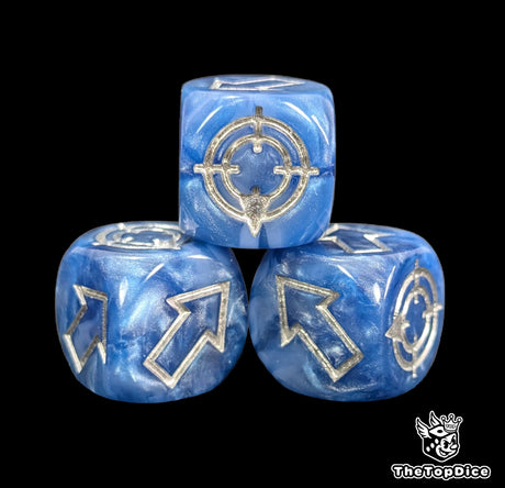 Close up of a blue resin scatter die showing the silver direction arrows