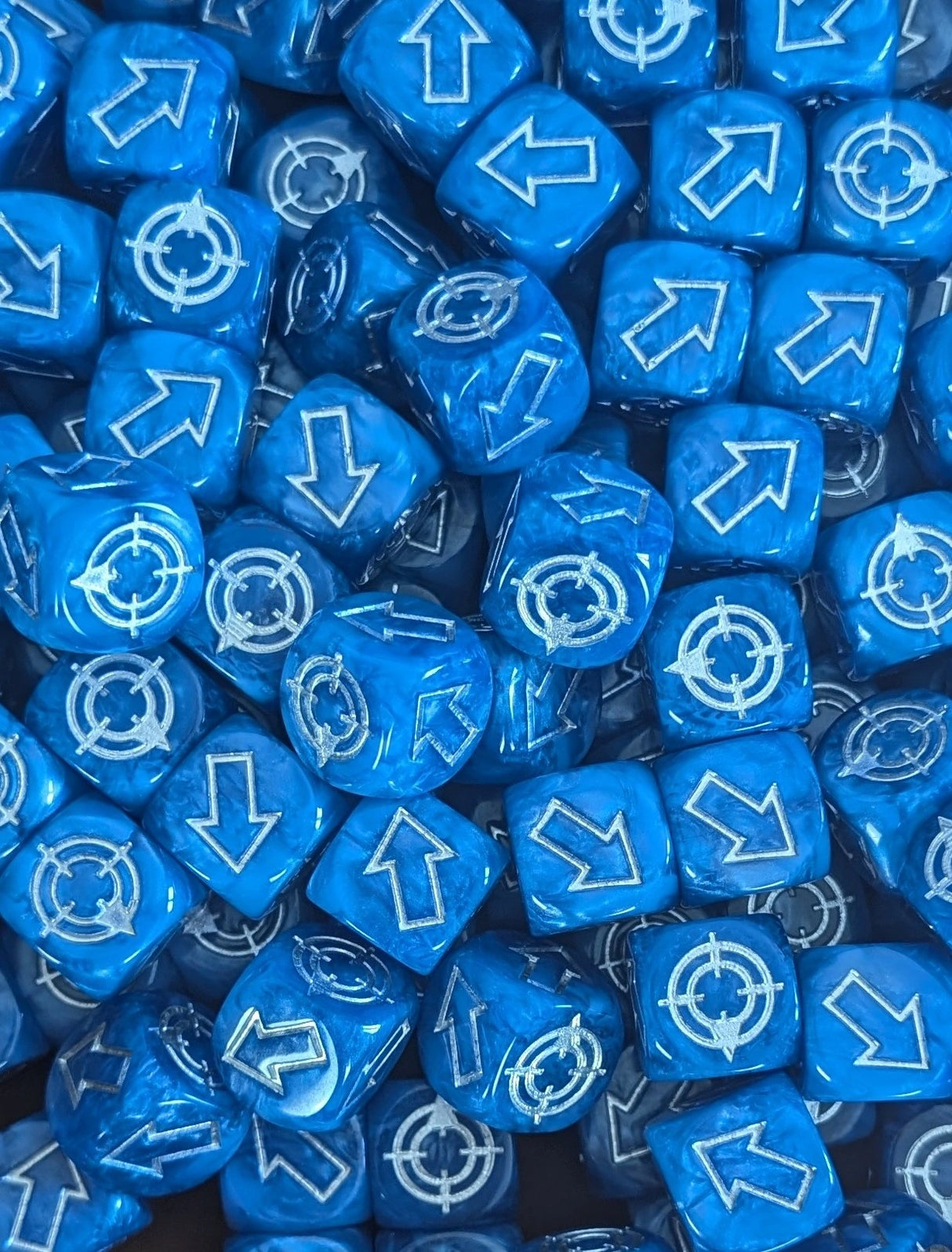 Pile of blue scatter dice for tabletop battles