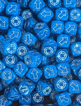 Pile of blue scatter dice for tabletop battles