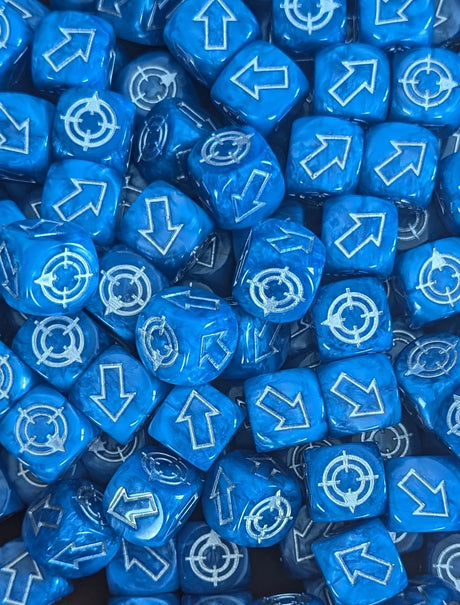 Pile of blue scatter dice for tabletop battles