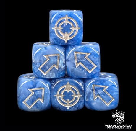 Blue 16mm scatter dice with silver arrows and hit faces for wargames