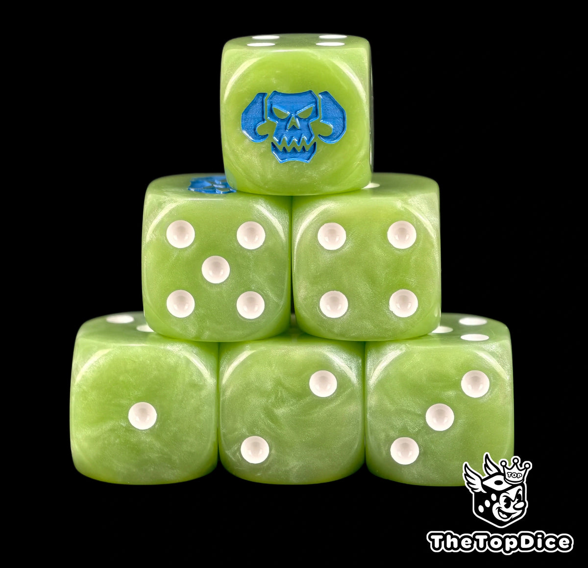 Six snot green Ork D6 stacked, white pips and a blue horned skull