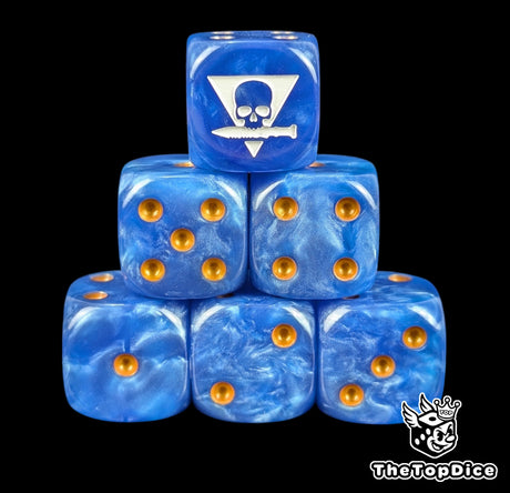 Blue 16mm D6 dice with a white squad sigil emblem and gold pips for sci-fi wargaming