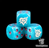 Three blue dark eldar dice with a white thorn heart and pink pips