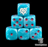 Six turquoise Drukhari D6 stacked, magenta pips and a thorned heart