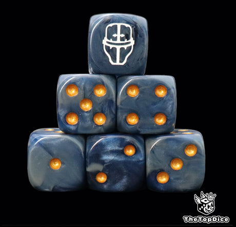 Blue and grey 16mm D6 dice with a white war helm emblem and gold pips for sci-fi wargaming