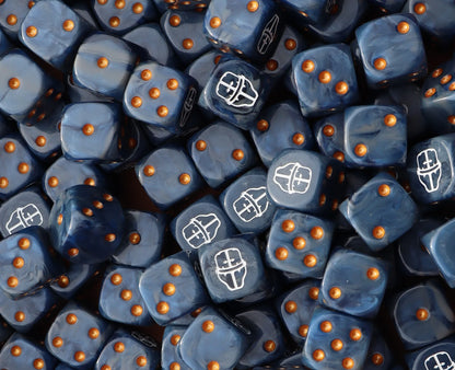 Pile of blue and grey helm 16mm D6 dice for a sci-fi knight army
