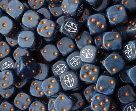 Pile of blue and grey helm 16mm D6 dice for a sci-fi knight army