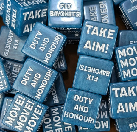 Pile of blue 20mm command tokens beside a sci-fi trench guard army on the table