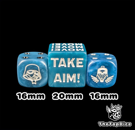 Close up of a blue 20mm command token engraved with the take aim order