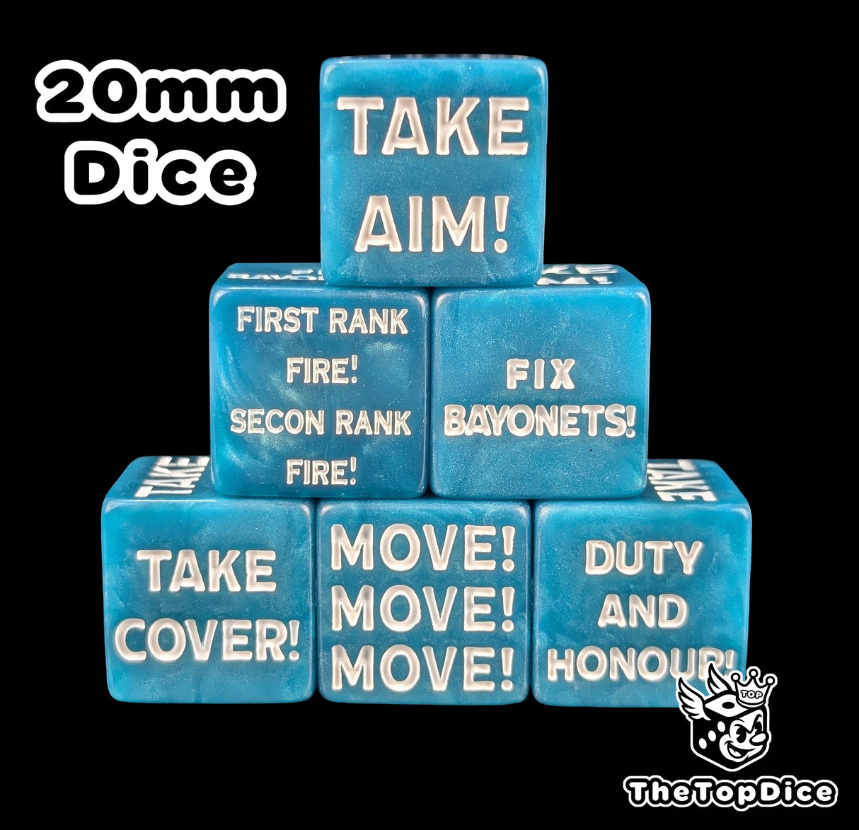 Blue 20mm square corner command tokens with white order icons for sci-fi wargaming