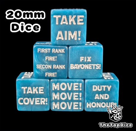 Blue 20mm square corner command tokens with white order icons for sci-fi wargaming