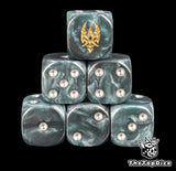 Metallic blue 16mm D6 dice with a gold sigil emblem and silver pips for sci-fi wargaming