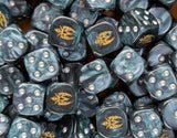 Pile of metallic blue 16mm D6 dice with gold sigils for a sci-fi raider army