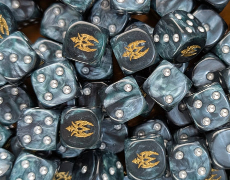 Pile of metallic blue 16mm D6 dice with gold sigils for a sci-fi raider army