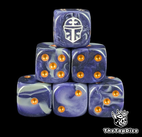 Blue and grey 16mm D6 dice with a white war helm emblem and gold pips for sci-fi wargaming