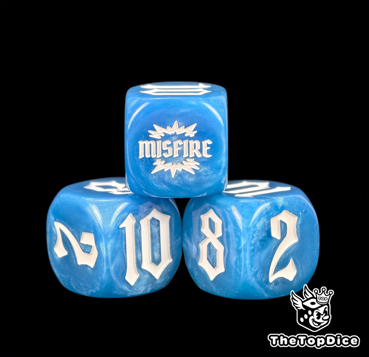 Close view of four blue 16mm dice, the pale swirl in the resin showing behind the numbers