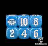Blue artillery dice in two rows of three, from the 2 through to the MISFIRE