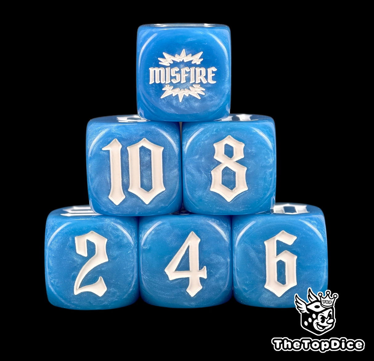 A pyramid of six blue artillery dice, white numerals rising to the MISFIRE face