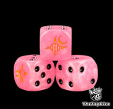 Three pink Slaanesh marine dice with a gold rune and black pips