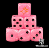 Six pink Emperor's Children D6 stacked, black pips and a gold rune