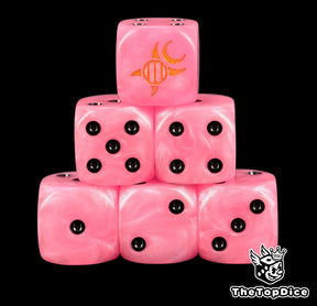 Six pink Emperor's Children D6 stacked, black pips and a gold rune