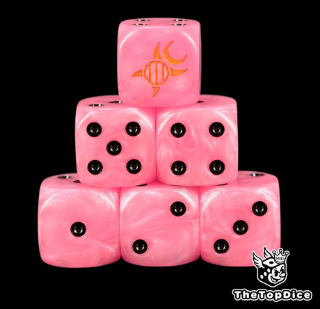 Six pink Emperor's Children D6 stacked, black pips and a gold rune