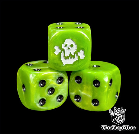 Close-up of a green D6 die with a bone orc skull