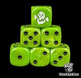 Green resin D6 dice with a bone orc skull emblem and black pips