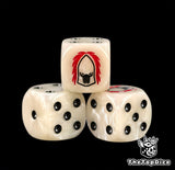 Three cream Banshee dice showing black pips and the masked helm