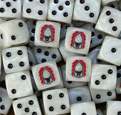 A pile of bone Howling Banshees dice with black pips and masked helms