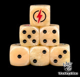 Six bone beige Steel Legion D6 stacked, black pips and a red bolt