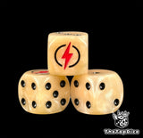 Three beige Astra Militarum dice with a red lightning bolt